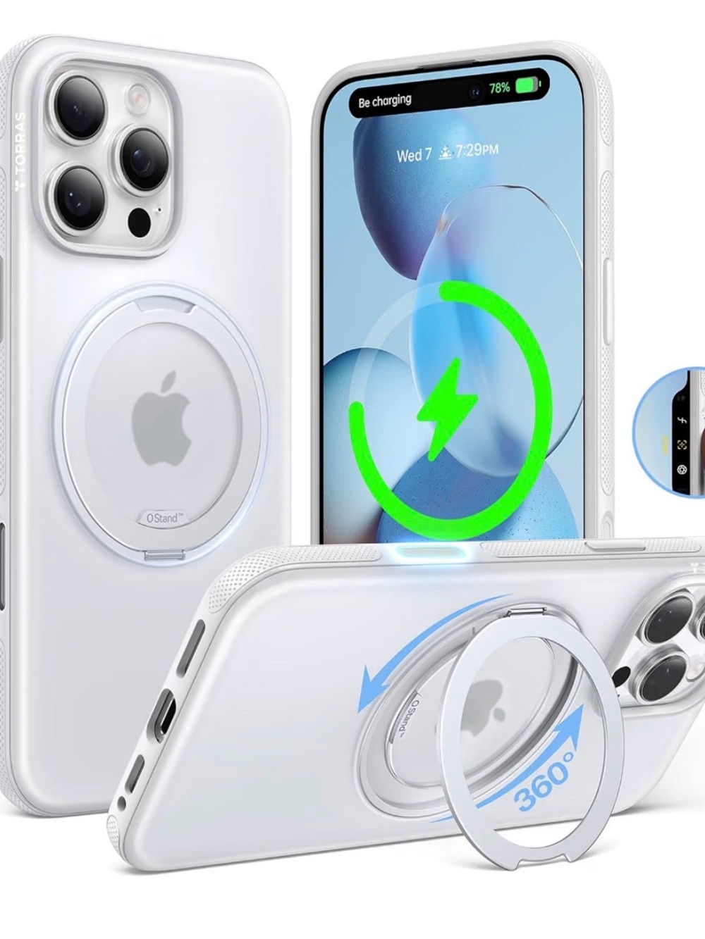 TORRAS 360 Magnetic Stand for iPhone 15 Pro Max Case, O3 Fitness Series White